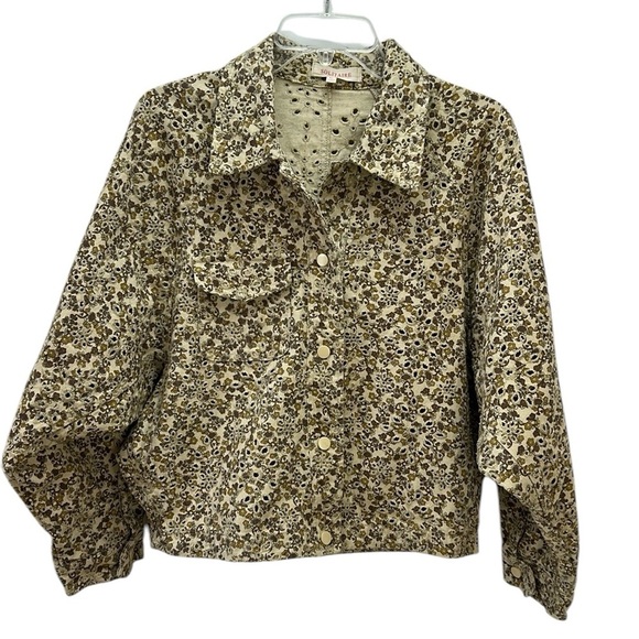 Solitaire Floral Print Allover Eyelets Snap Front Crop Jacket XL Dolman Sleeves - Picture 1 of 14